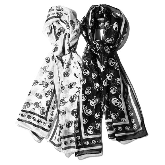 NEW Soft Silky Poly Chiffon B/W Long Scarf w/Skull & Stripe Border 19” W… - Picture 8 of 8